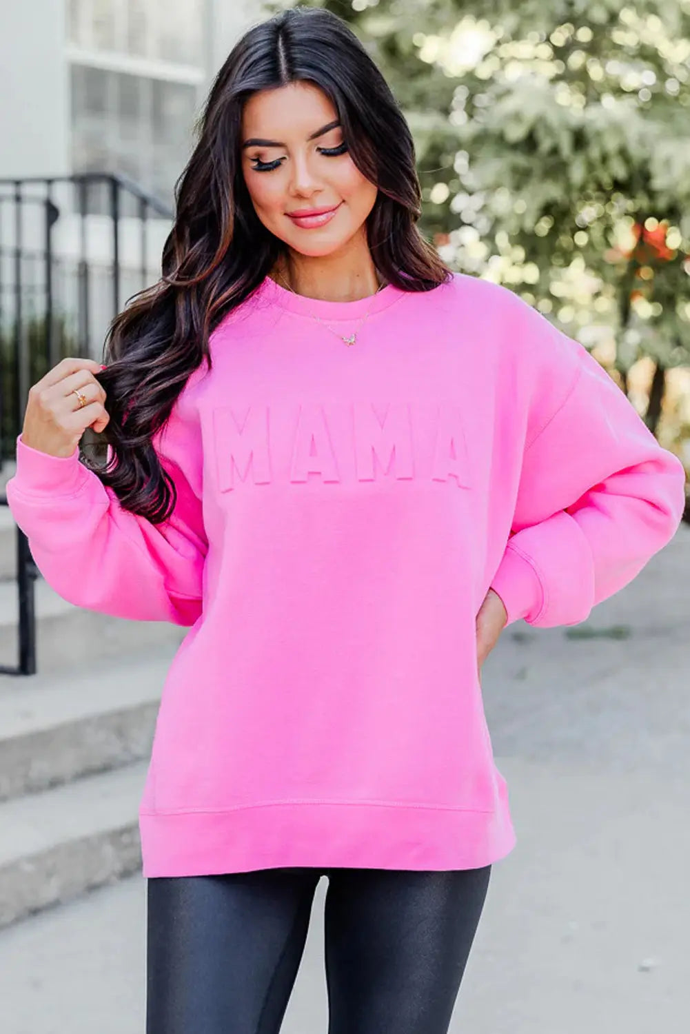 Bright Pink MAMA Letter Embossed Casual Sweatshirt Milli & Molli’s