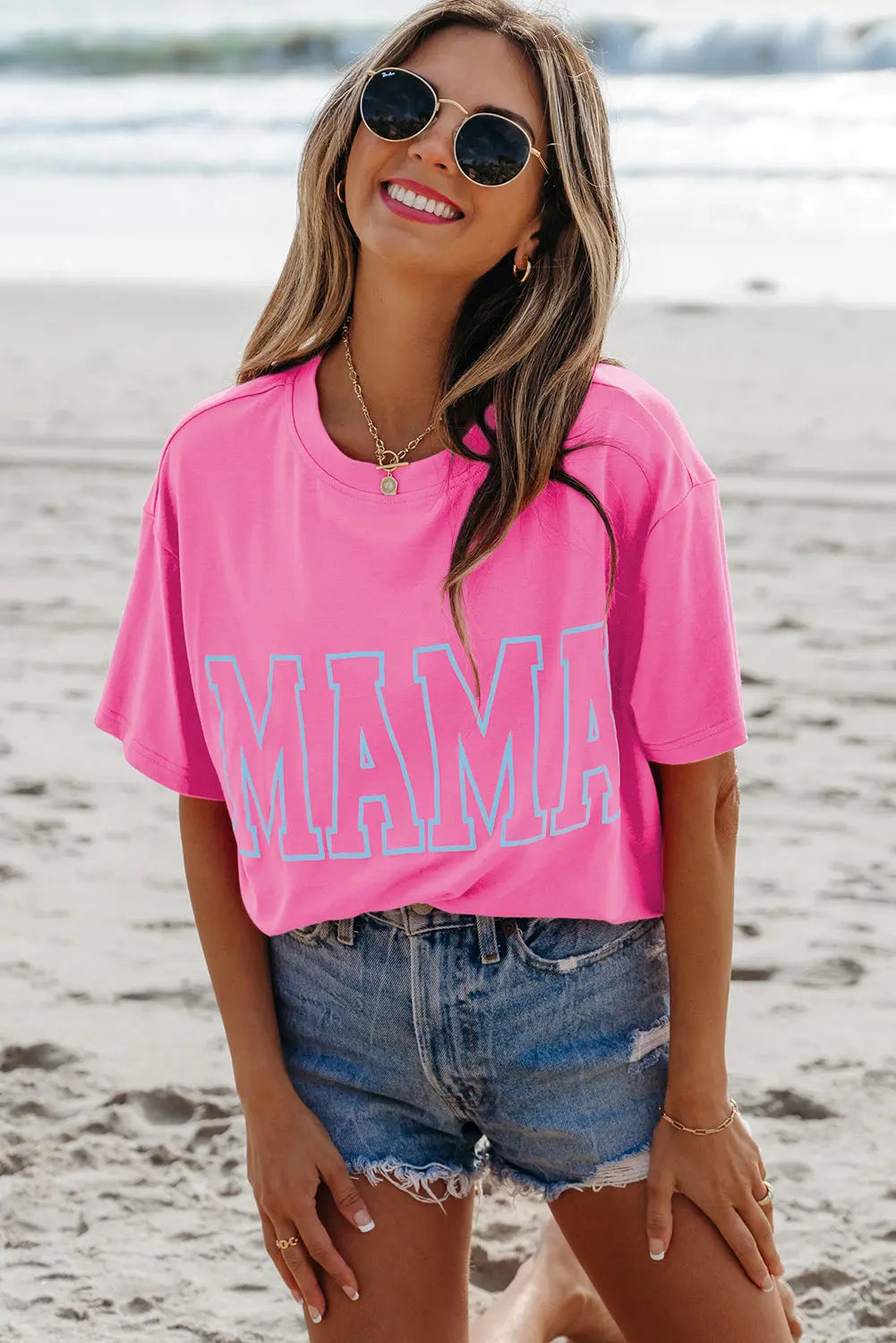 Bright Pink MAMA Letter Graphic Neon T Shirt Dear-Lover Dropshipping
