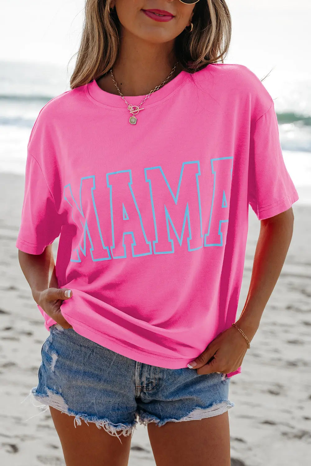 Bright Pink MAMA Letter Graphic Neon T Shirt Dear-Lover Dropshipping
