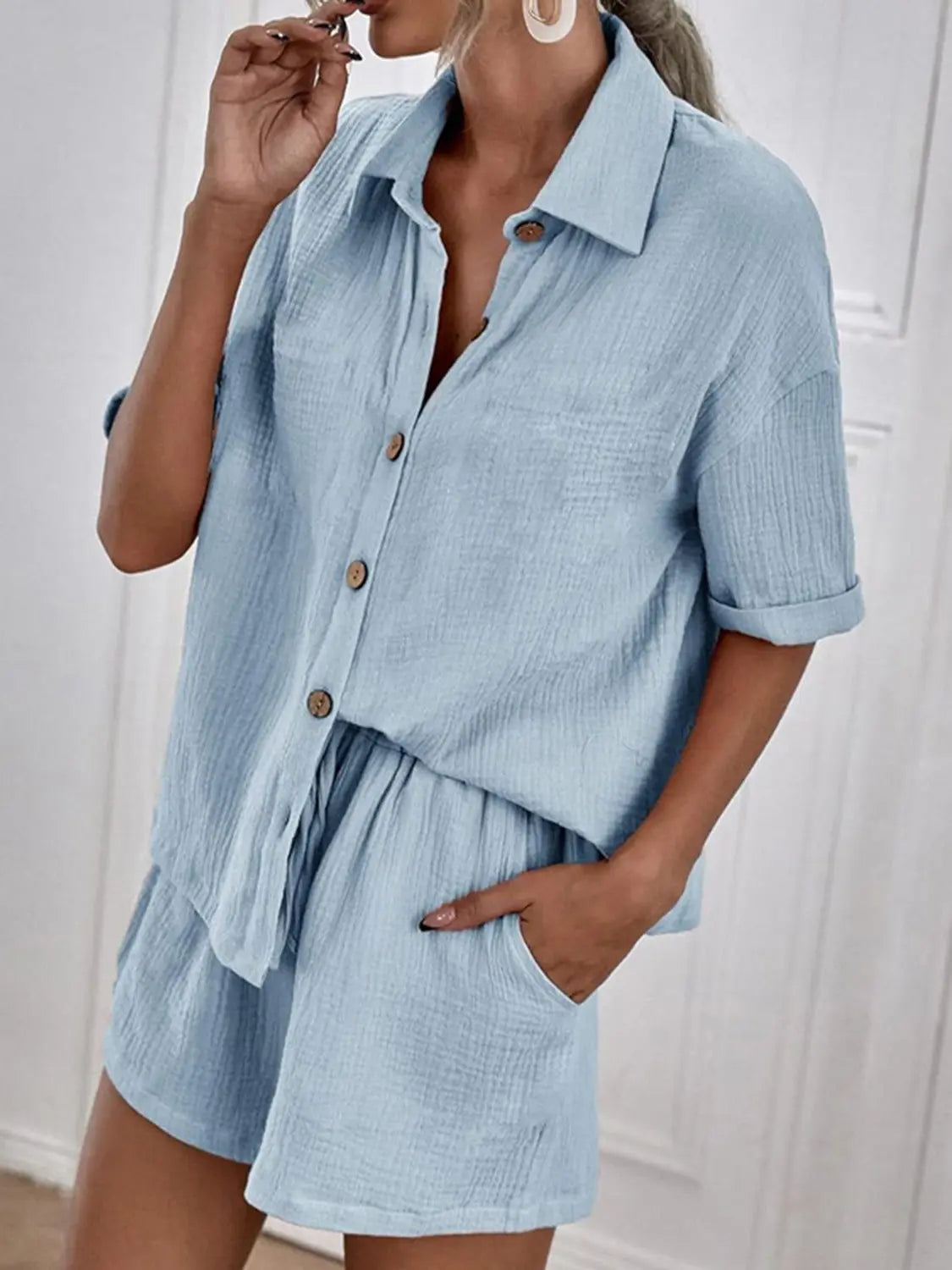 Button Up Short Sleeve Top and Shorts Set Trendsi