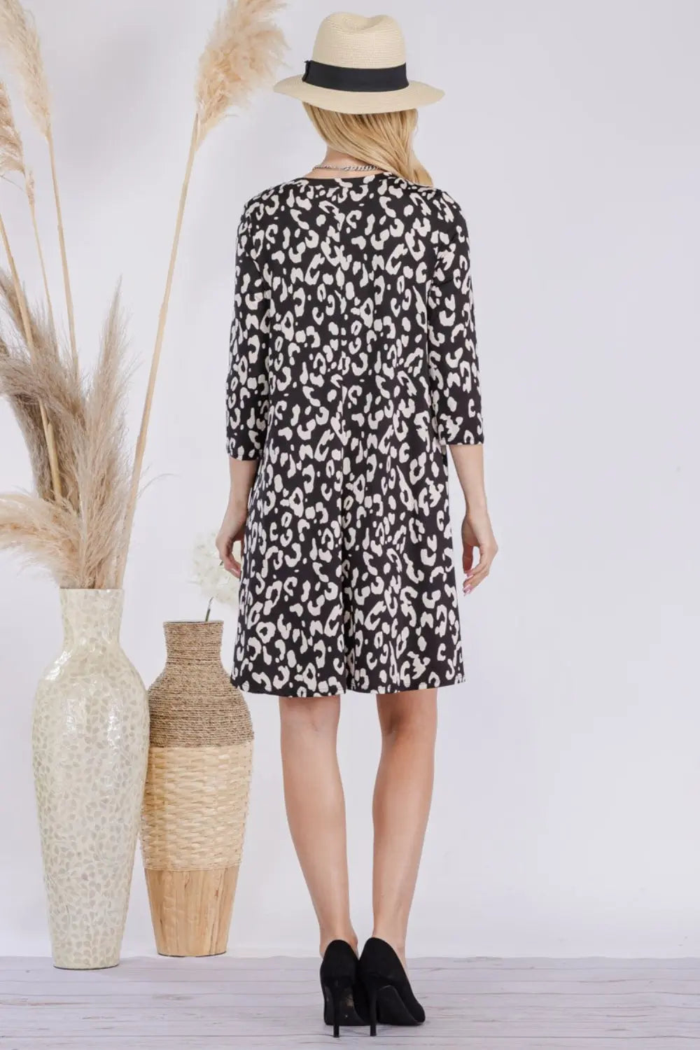 Celeste Full Size Leopard Three-Quarter Sleeve Dress with Pockets Trendsi