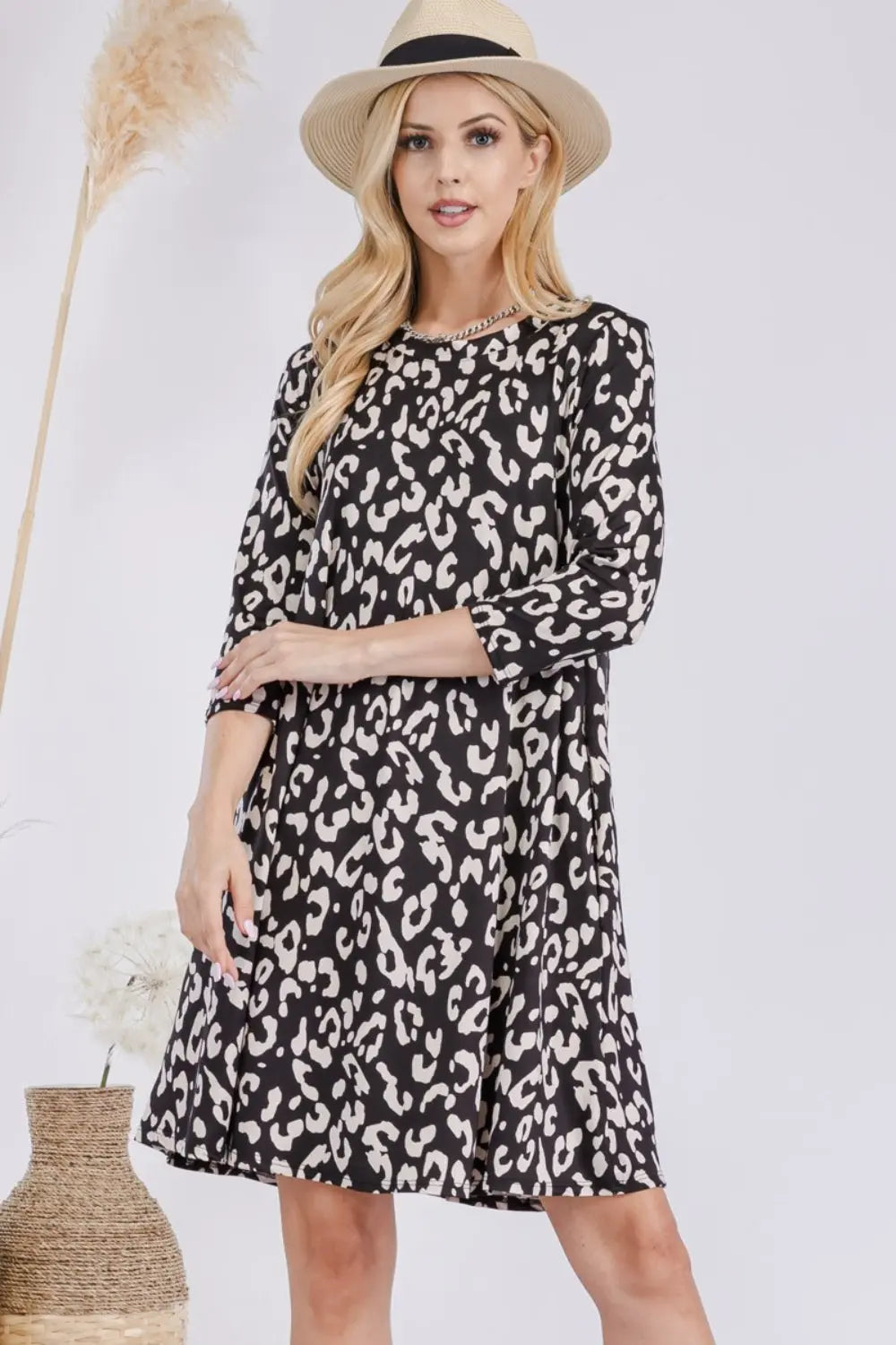 Celeste Full Size Leopard Three-Quarter Sleeve Dress with Pockets Trendsi