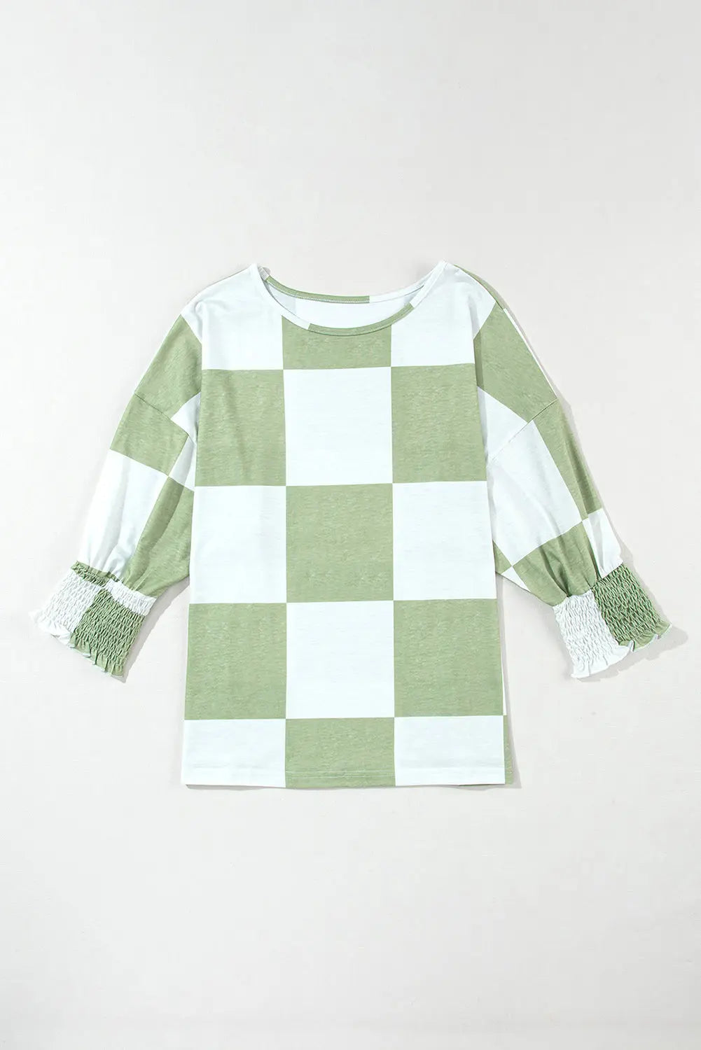 Checkered Round Neck Lantern Sleeve Top Trendsi