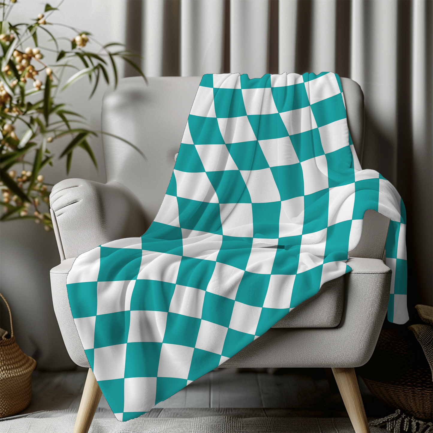 Teal Green Checkered Print Retro Velveteen Plush Blanket