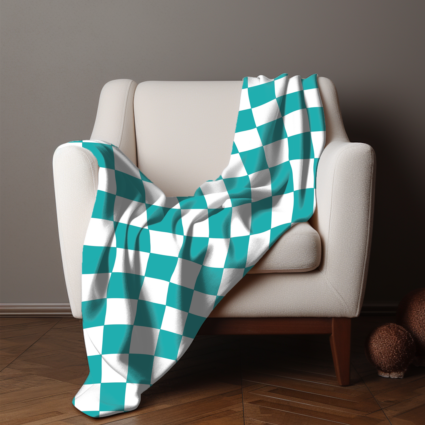 Teal Green Checkered Print Retro Velveteen Plush Blanket