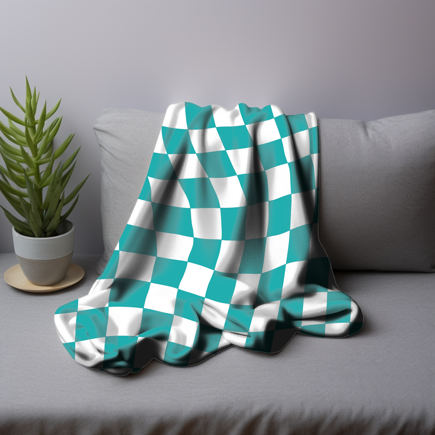 Teal Green Checkered Print Retro Velveteen Plush Blanket