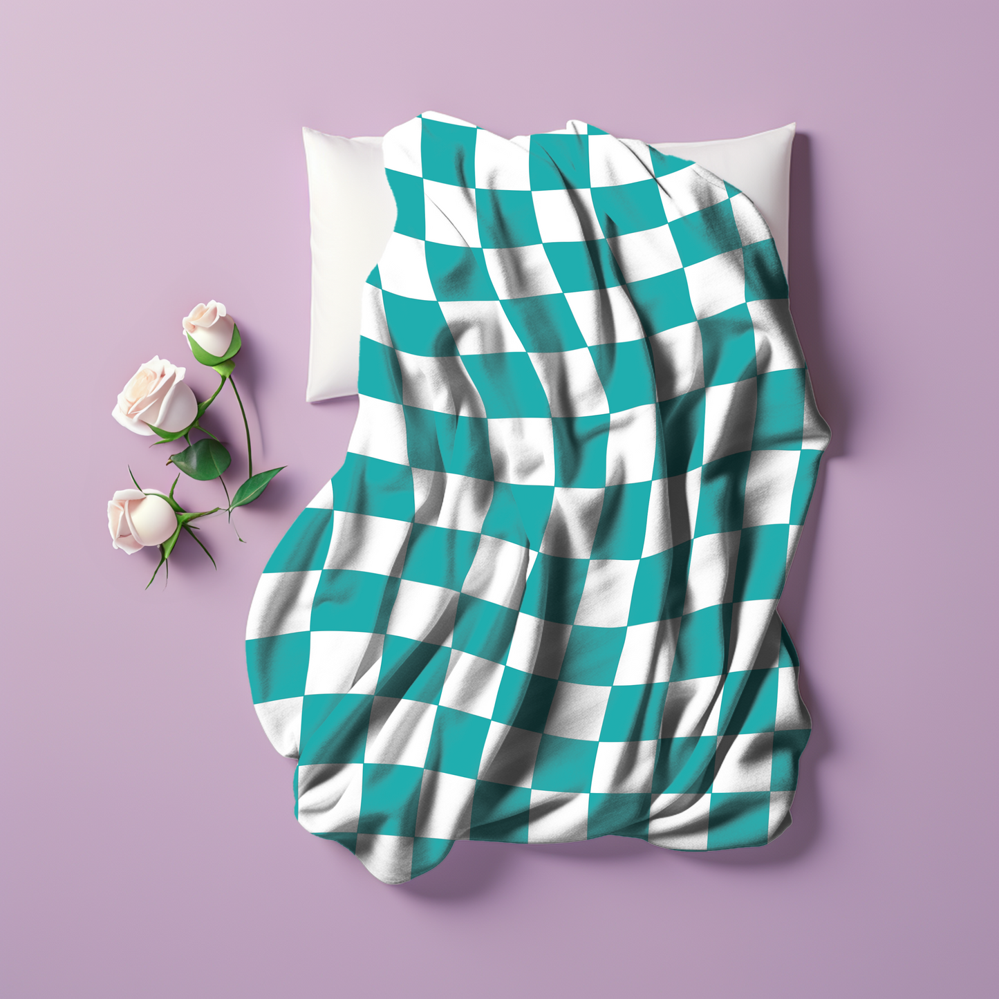 Teal Green Checkered Print Retro Velveteen Plush Blanket