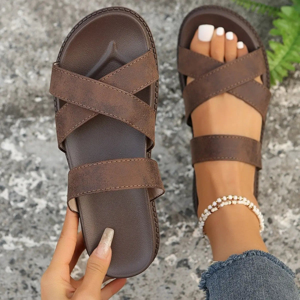 Crisscross PU Leather Flat Sandals Trendsi