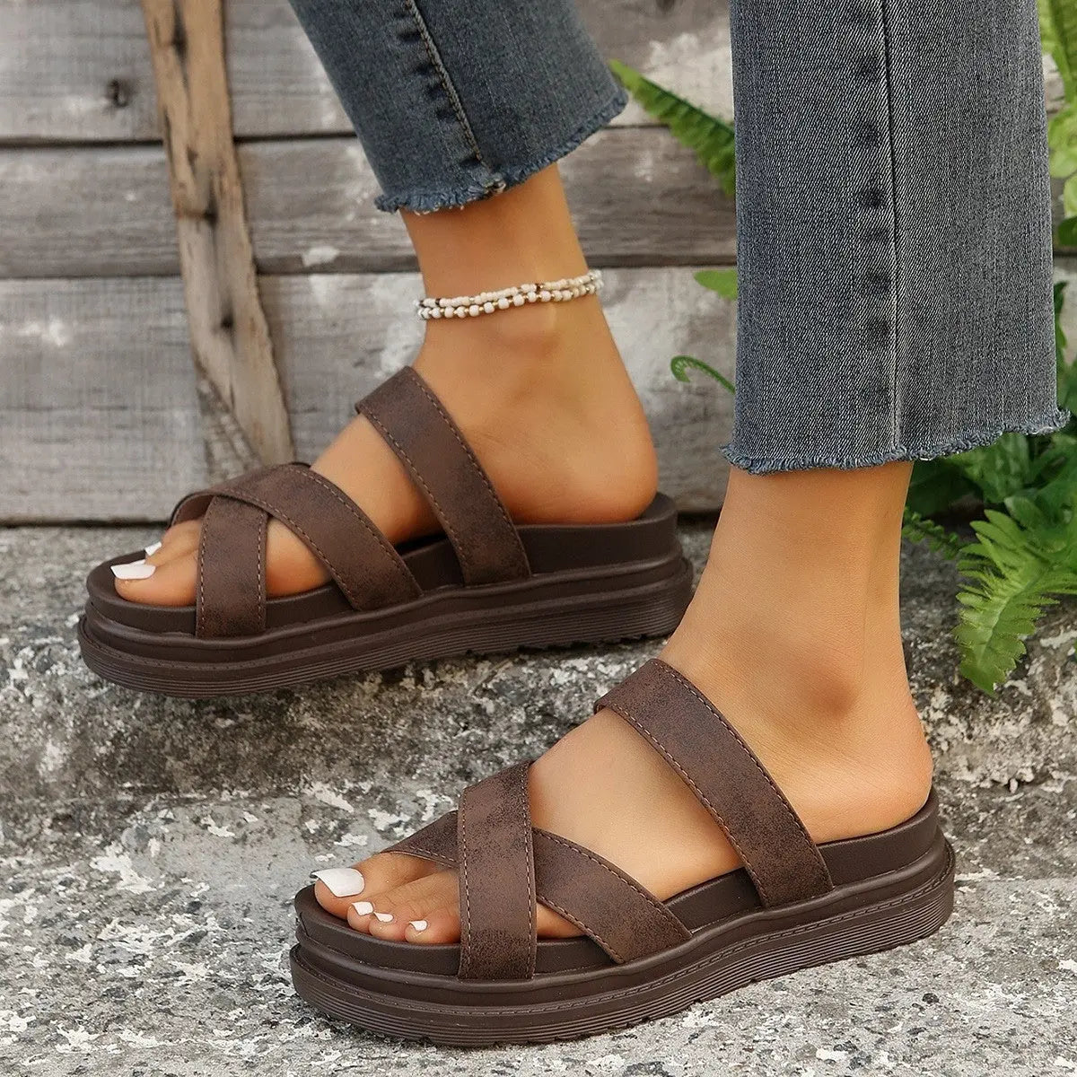 Crisscross PU Leather Flat Sandals Trendsi