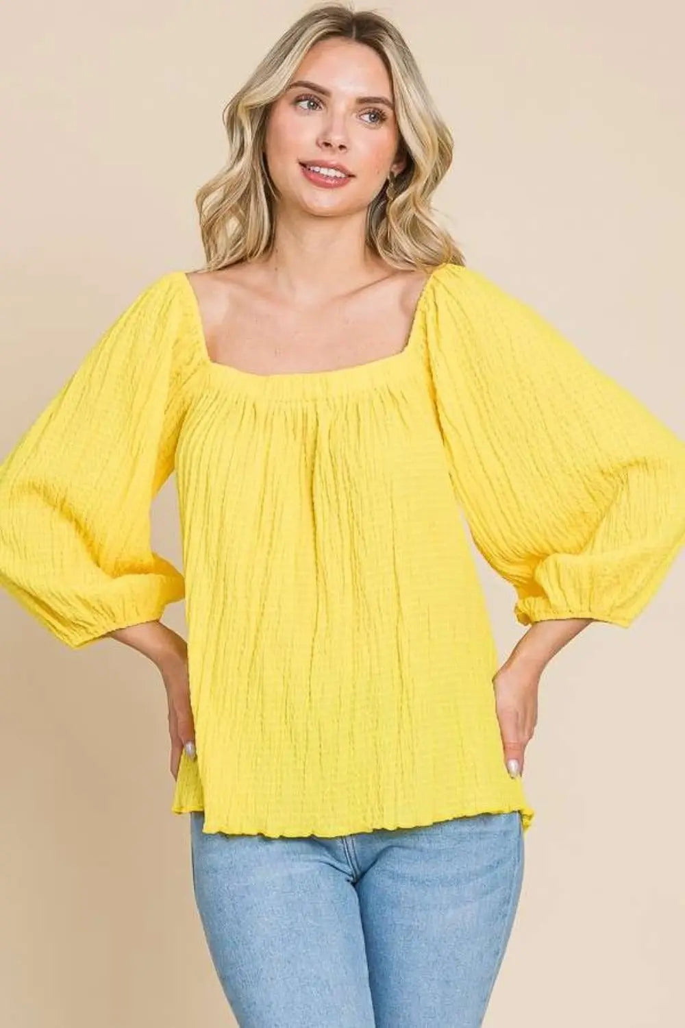 Culture Code Texture Square Neck Puff Sleeve Top Trendsi