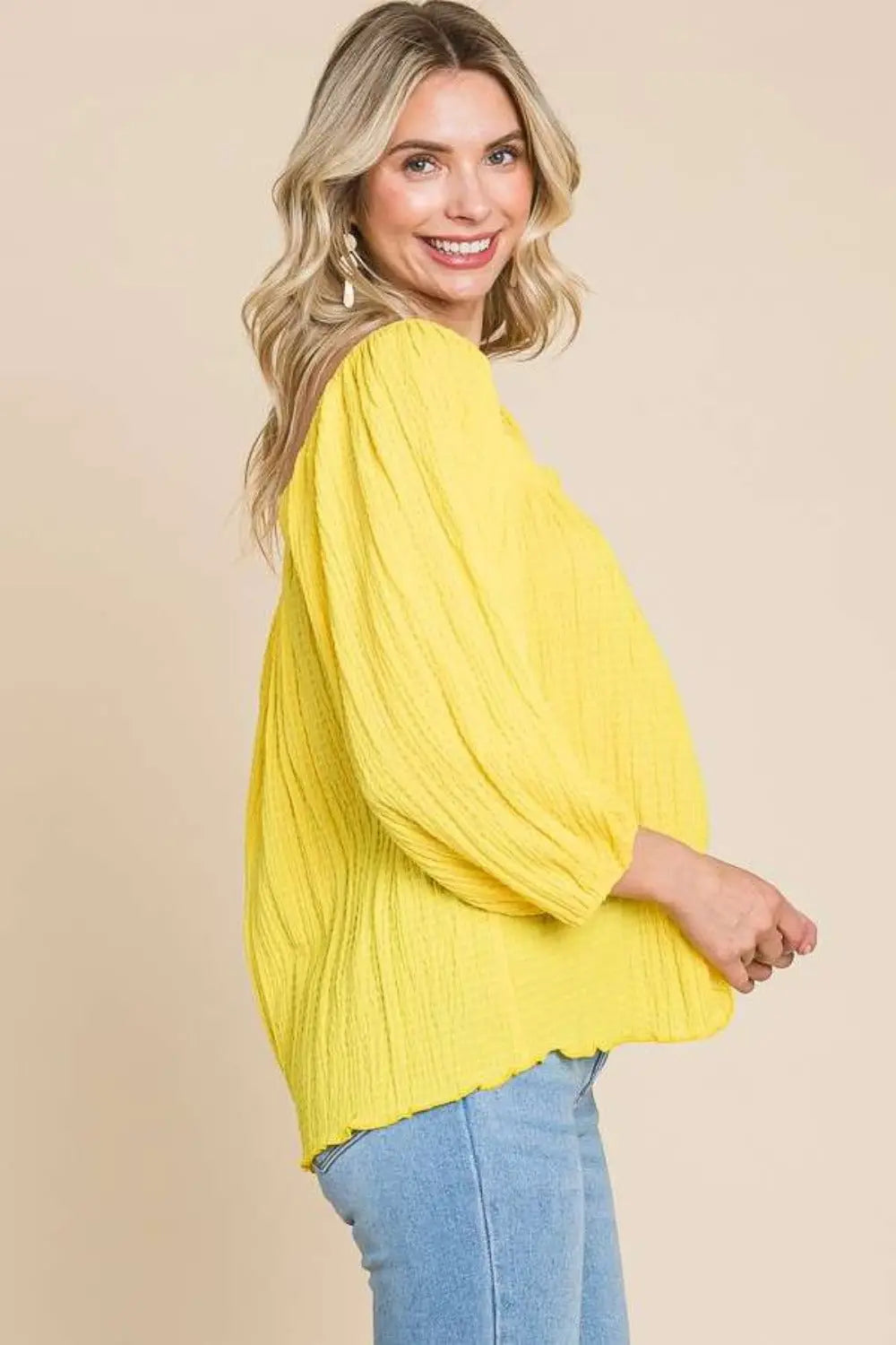 Culture Code Texture Square Neck Puff Sleeve Top Trendsi