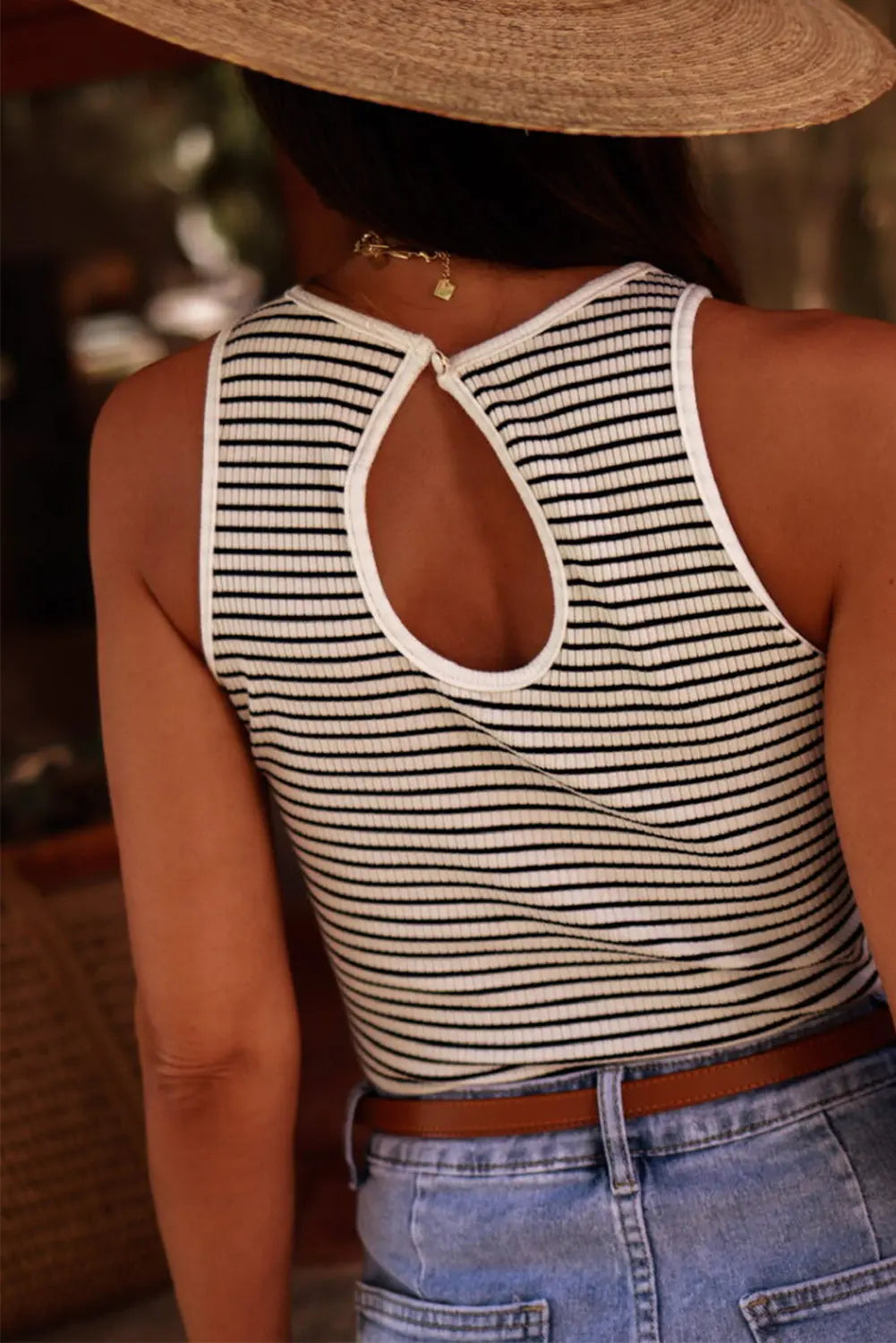 Cutout Striped Round Neck Tank Trendsi