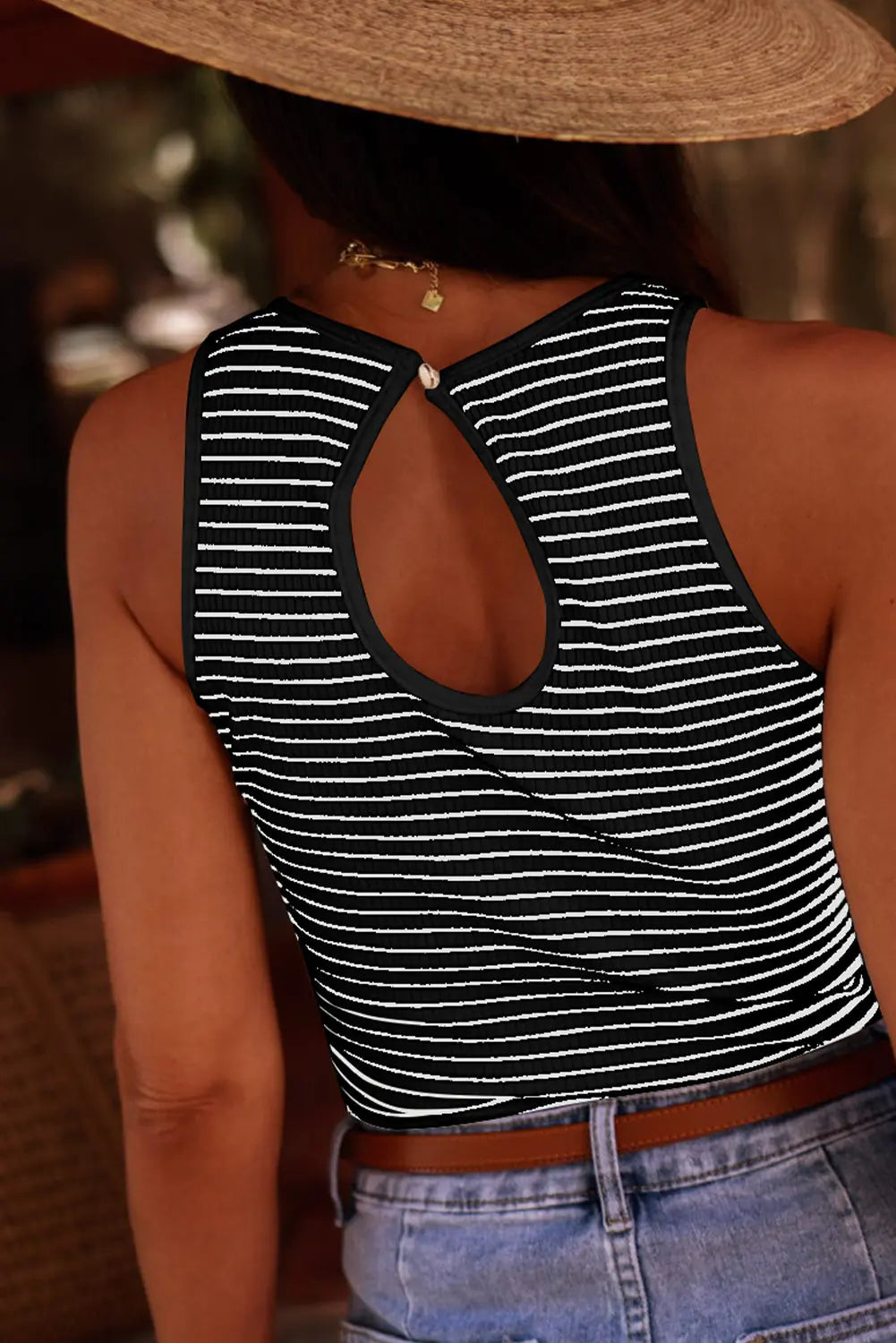 Cutout Striped Round Neck Tank Trendsi