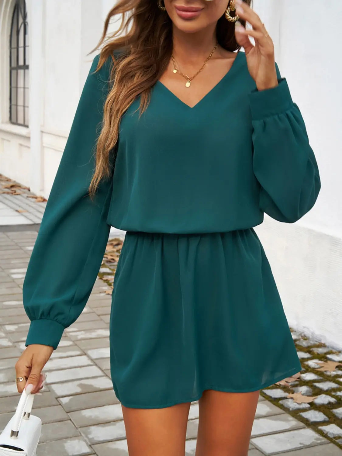 Cutout V-Neck Long Sleeve Mini Dress Trendsi