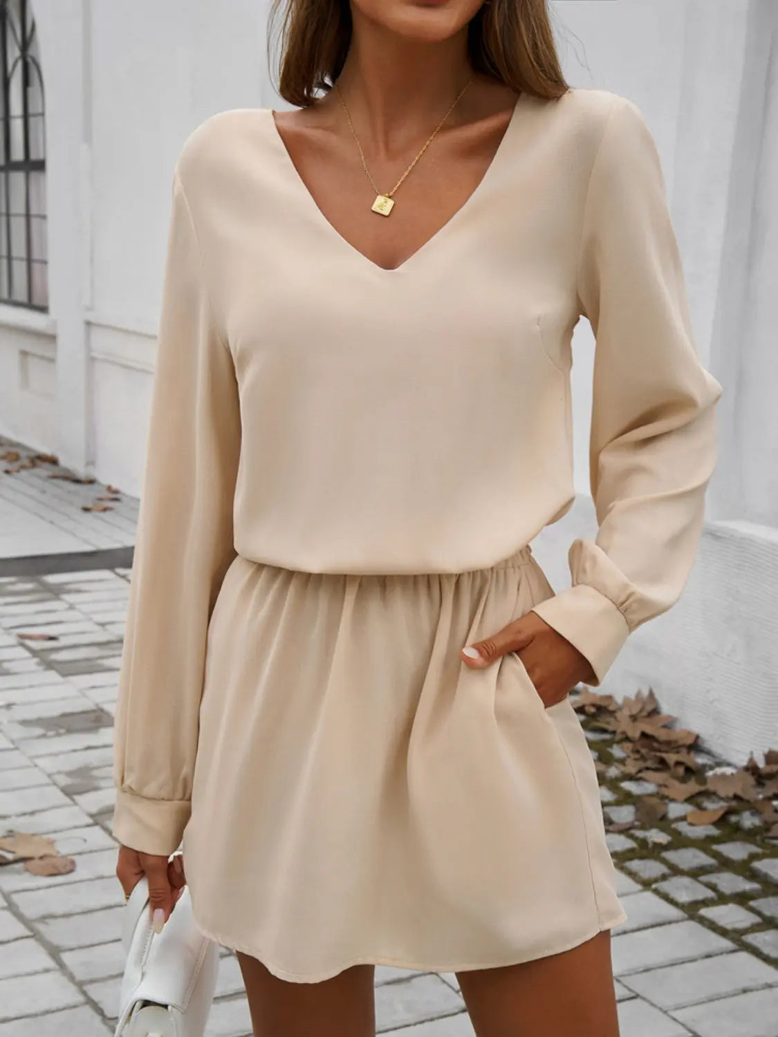 Cutout V-Neck Long Sleeve Mini Dress Trendsi