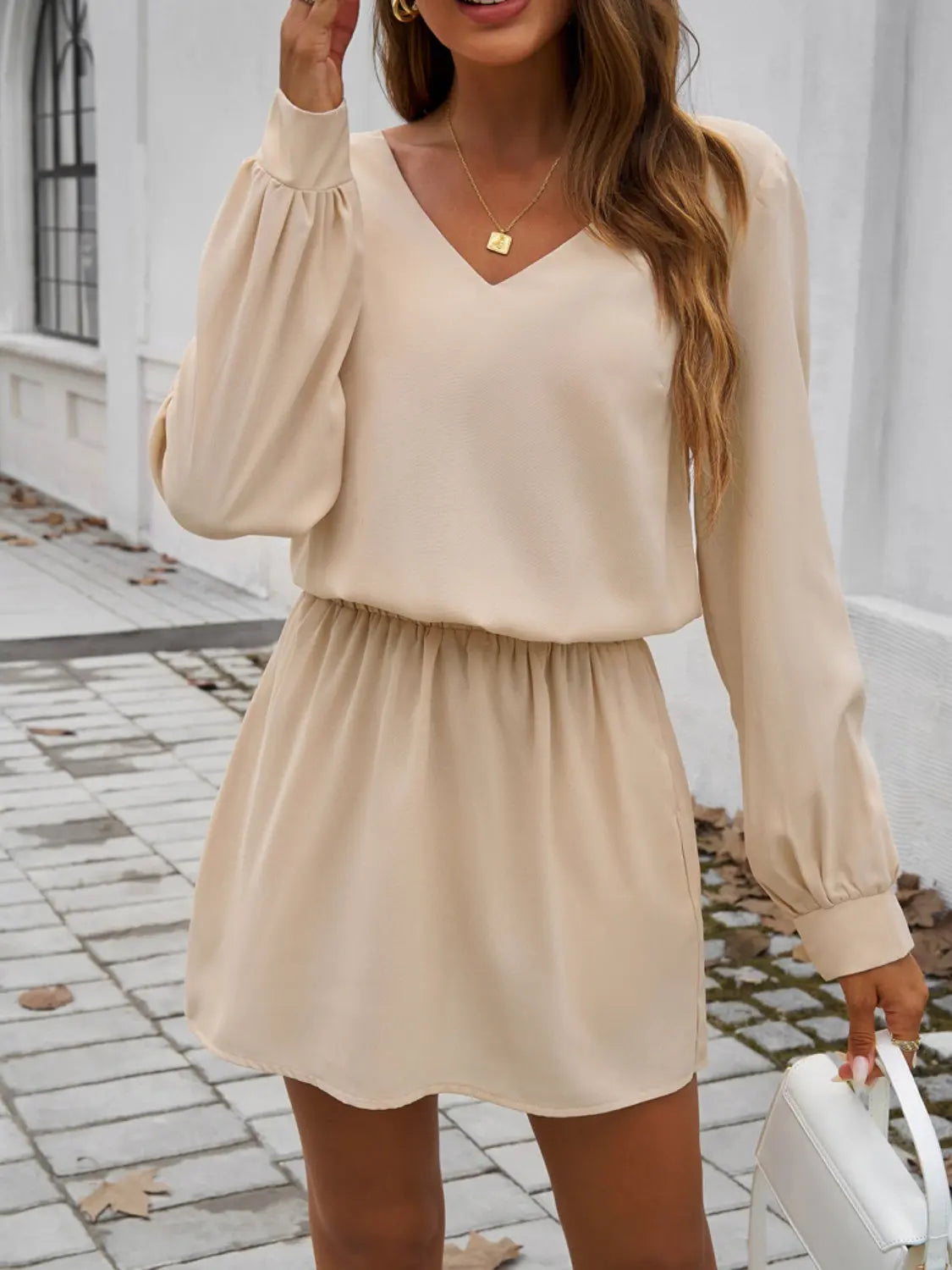 Cutout V-Neck Long Sleeve Mini Dress Trendsi