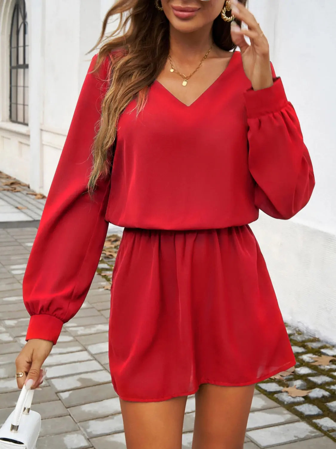 Cutout V-Neck Long Sleeve Mini Dress Trendsi