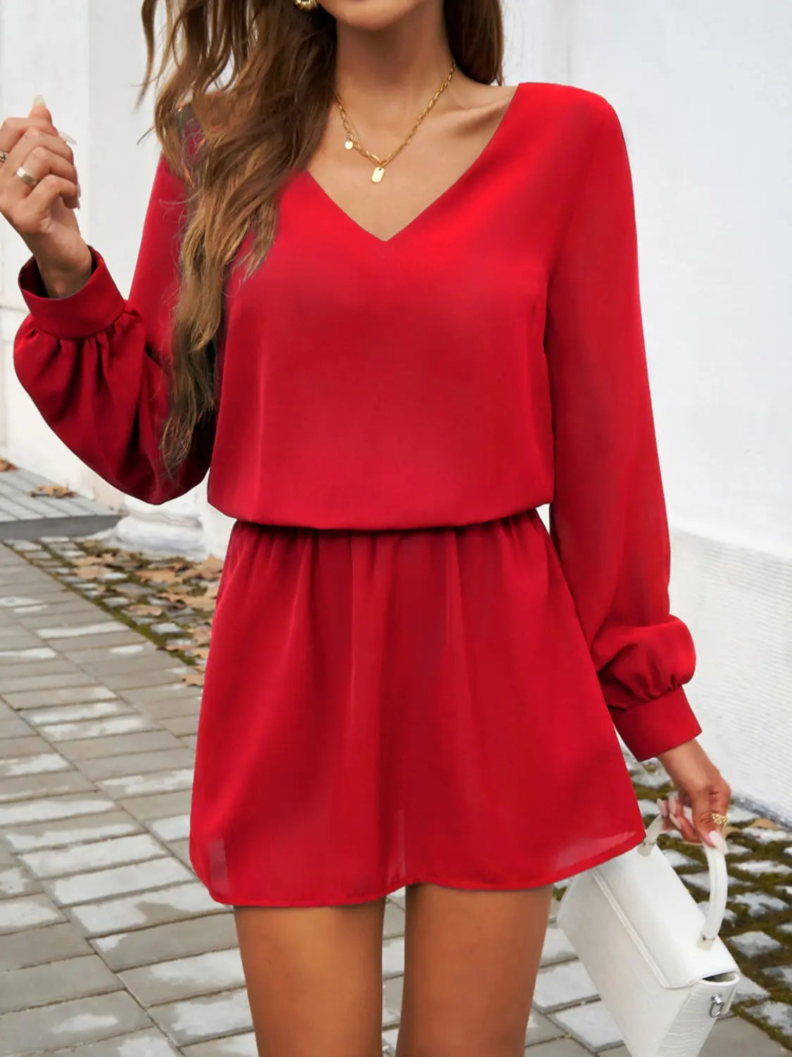 Cutout V-Neck Long Sleeve Mini Dress Trendsi