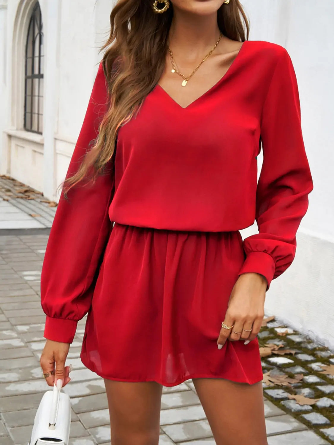 Cutout V-Neck Long Sleeve Mini Dress Trendsi