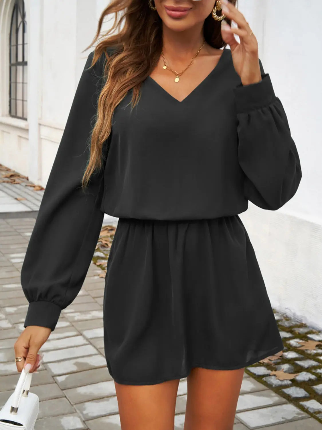 Cutout V-Neck Long Sleeve Mini Dress Trendsi