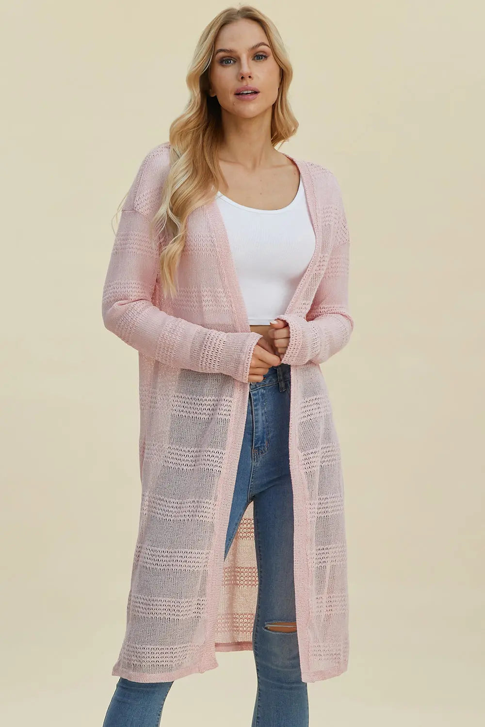 Double Take Full Size Open Front Longline Cardigan Trendsi