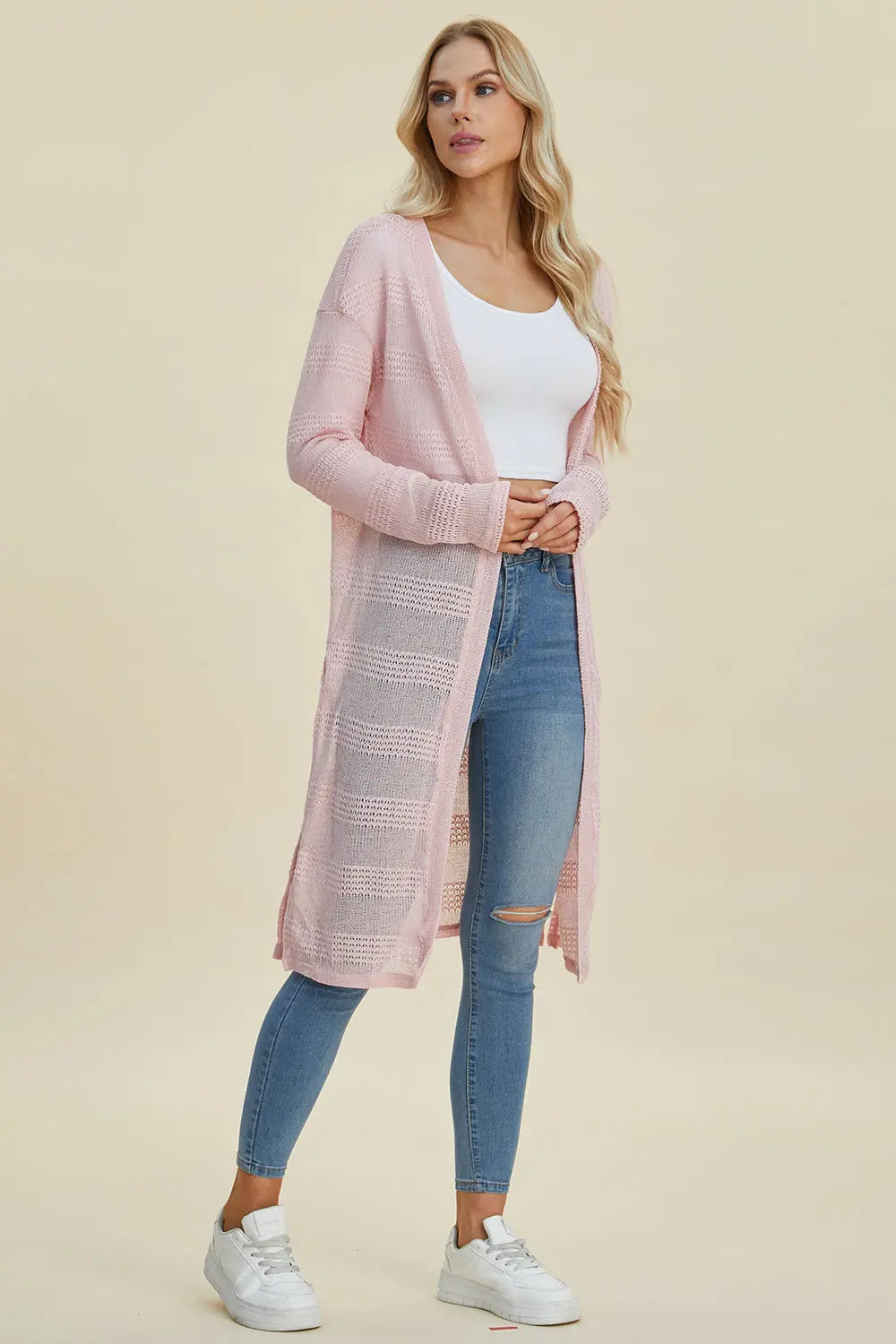 Double Take Full Size Open Front Longline Cardigan Trendsi