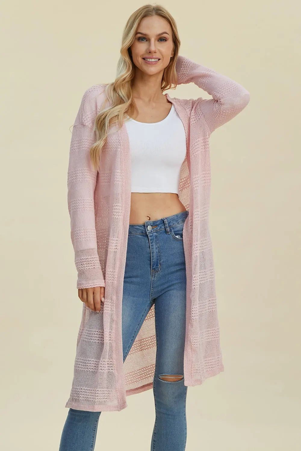 Double Take Full Size Open Front Longline Cardigan Trendsi