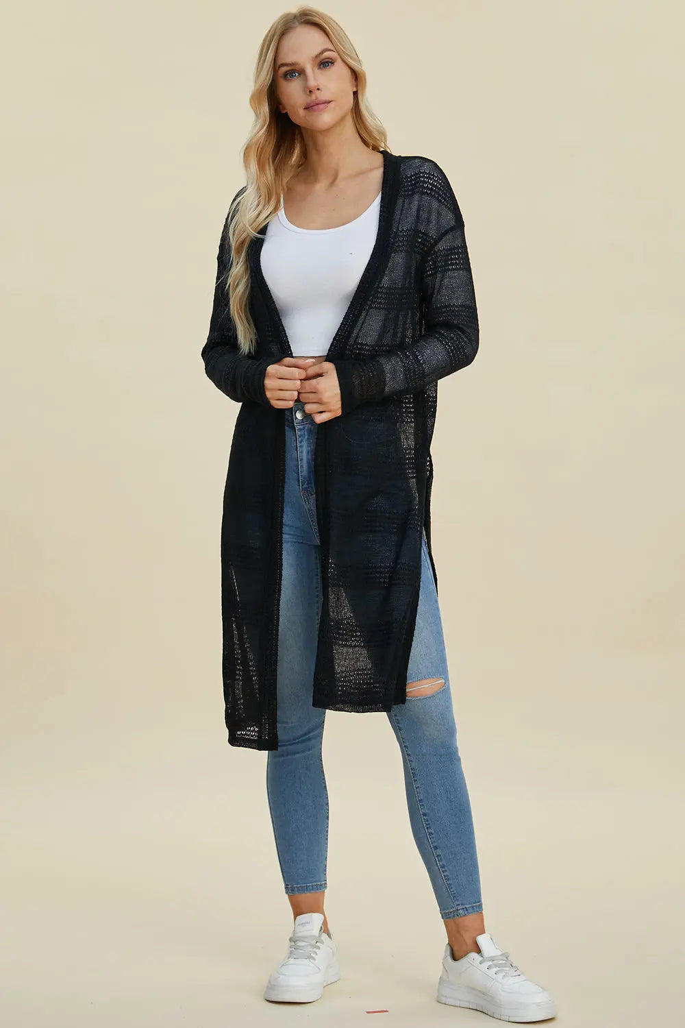 Double Take Full Size Open Front Longline Cardigan Trendsi