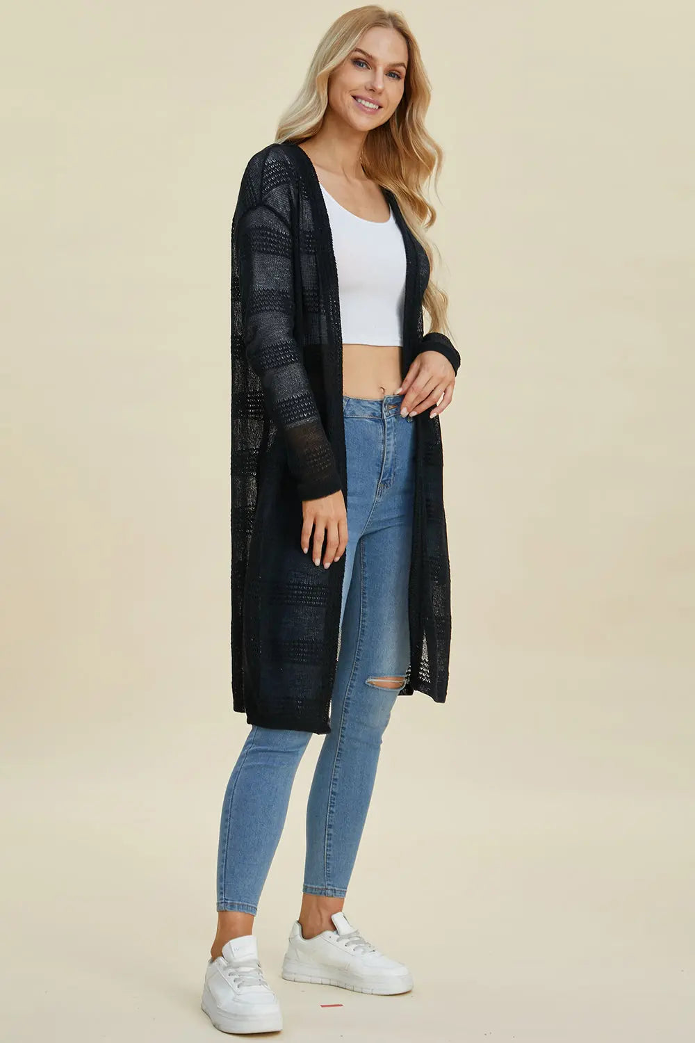 Double Take Full Size Open Front Longline Cardigan Trendsi