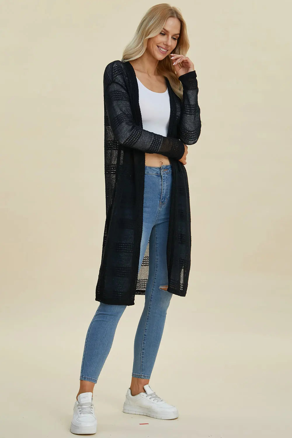 Double Take Full Size Open Front Longline Cardigan Trendsi