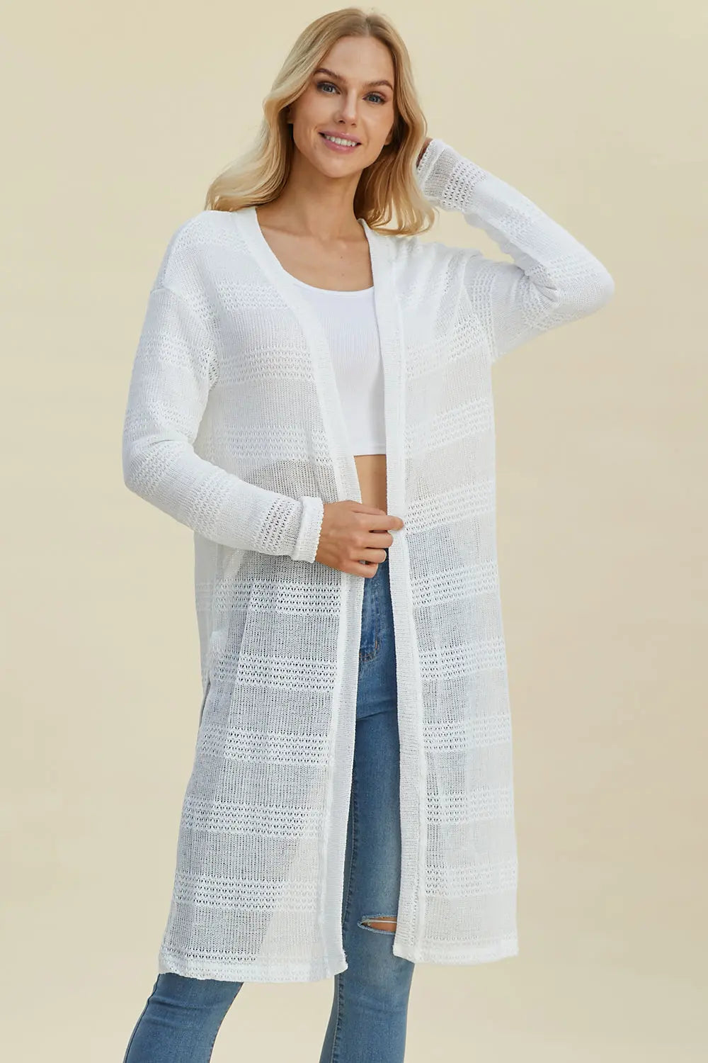 Double Take Full Size Open Front Longline Cardigan Trendsi