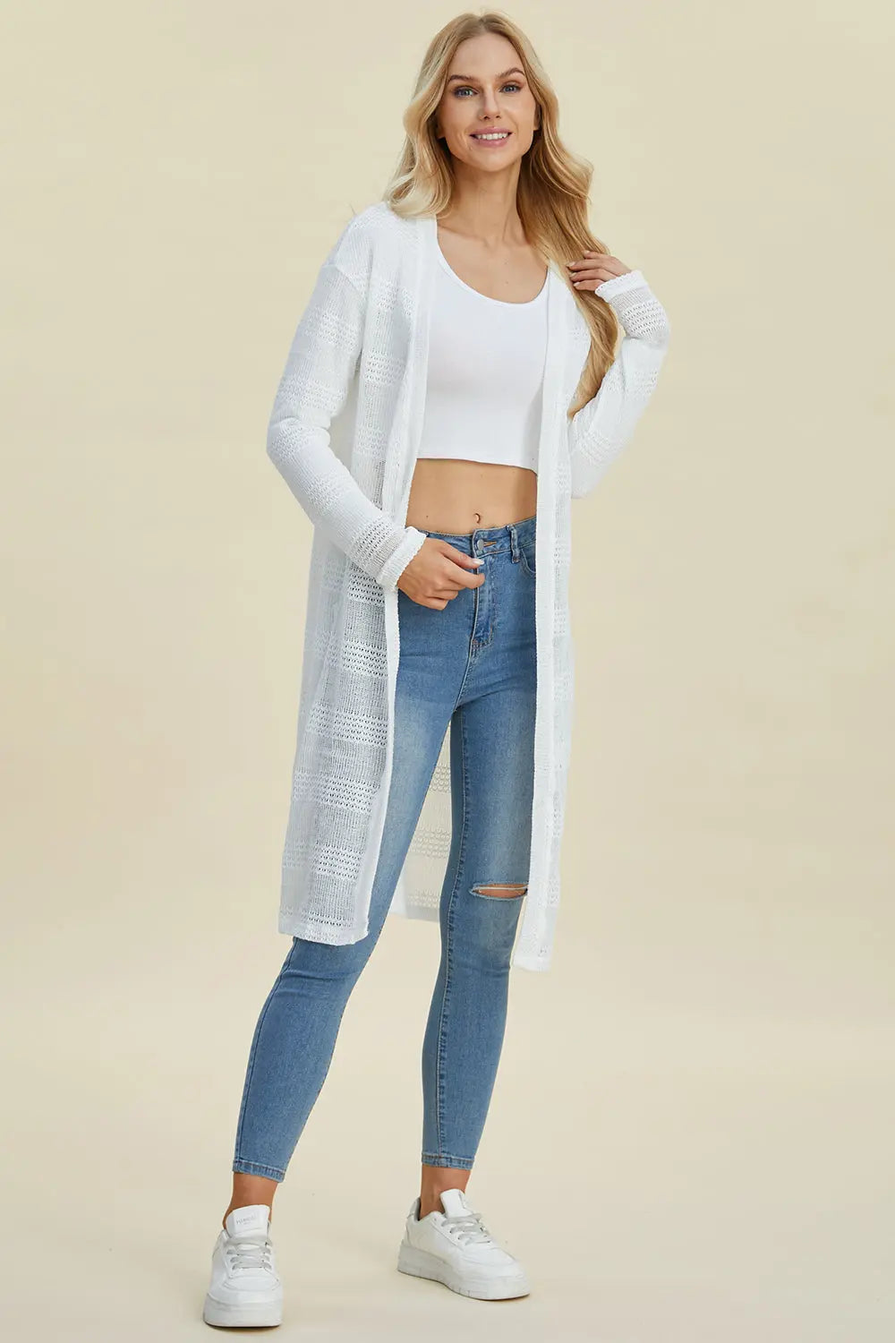 Double Take Full Size Open Front Longline Cardigan Trendsi