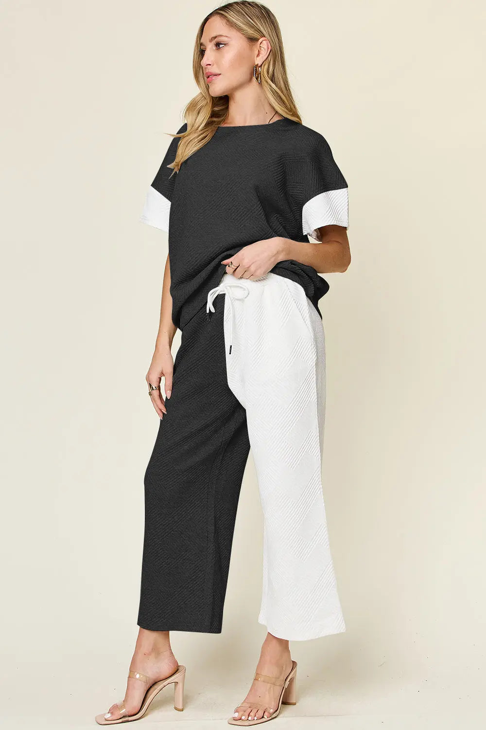 Double Take Full Size Texture Contrast T-Shirt and Wide Leg Pants Set Trendsi