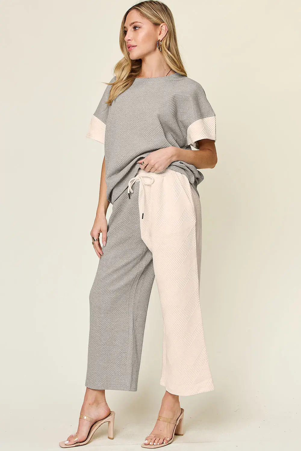 Double Take Full Size Texture Contrast T-Shirt and Wide Leg Pants Set Trendsi