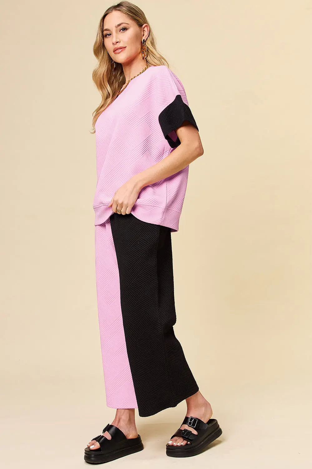 Double Take Full Size Texture Contrast T-Shirt and Wide Leg Pants Set Trendsi