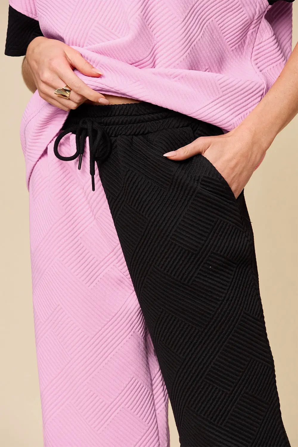 Double Take Full Size Texture Contrast T-Shirt and Wide Leg Pants Set Trendsi