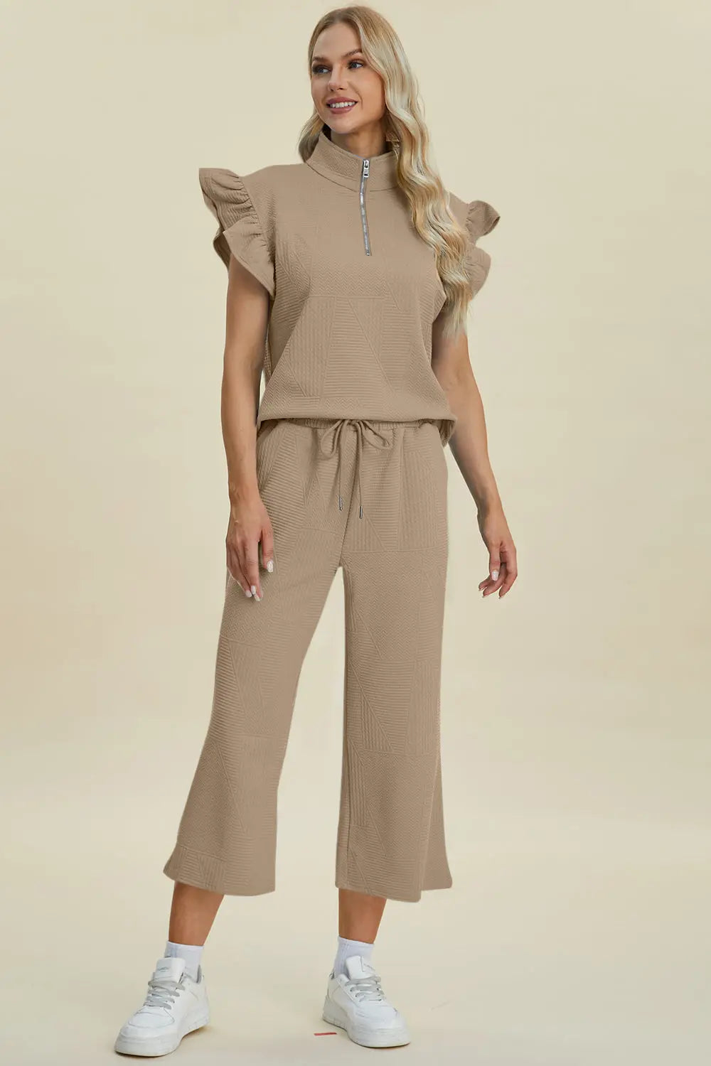 Double Take Full Size Texture Ruffle Short Sleeve Top and Wide Leg Pants Set Trendsi