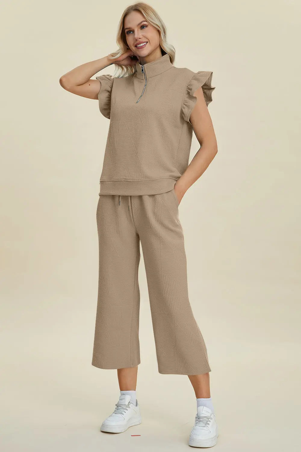 Double Take Full Size Texture Ruffle Short Sleeve Top and Wide Leg Pants Set Trendsi