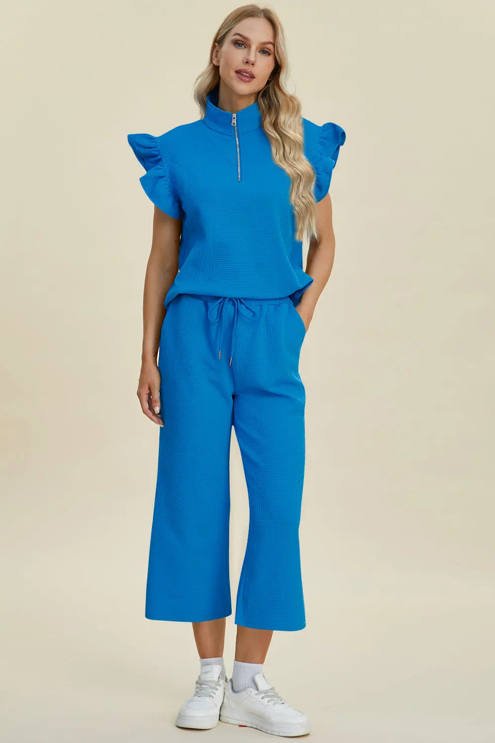 Double Take Full Size Texture Ruffle Short Sleeve Top and Wide Leg Pants Set Trendsi