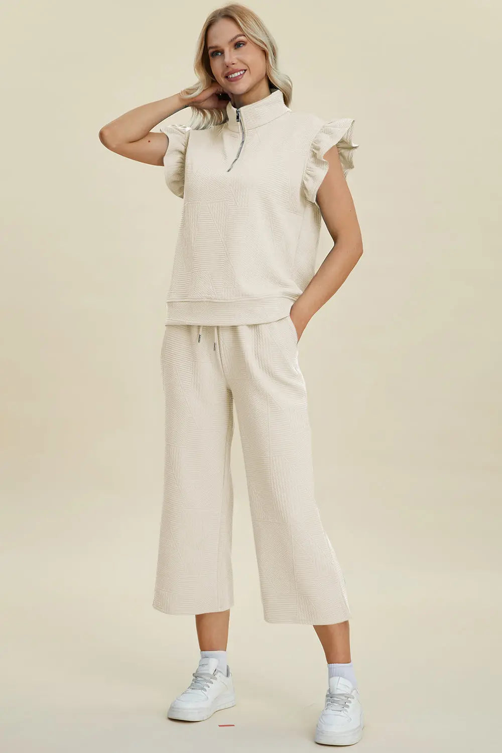 Double Take Full Size Texture Ruffle Short Sleeve Top and Wide Leg Pants Set Trendsi