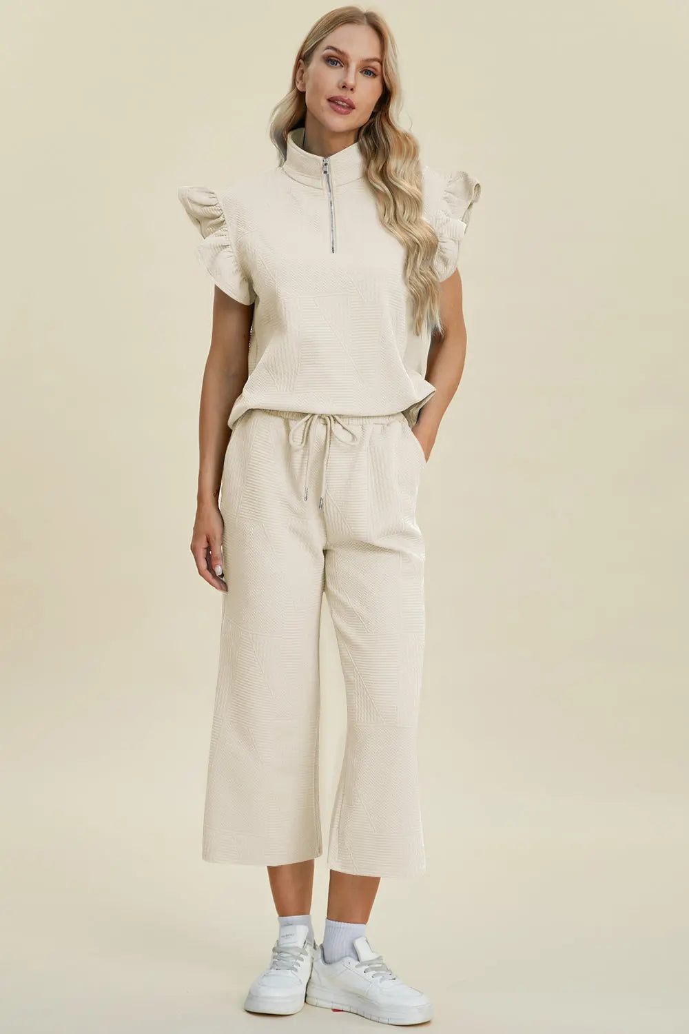 Double Take Full Size Texture Ruffle Short Sleeve Top and Wide Leg Pants Set Trendsi