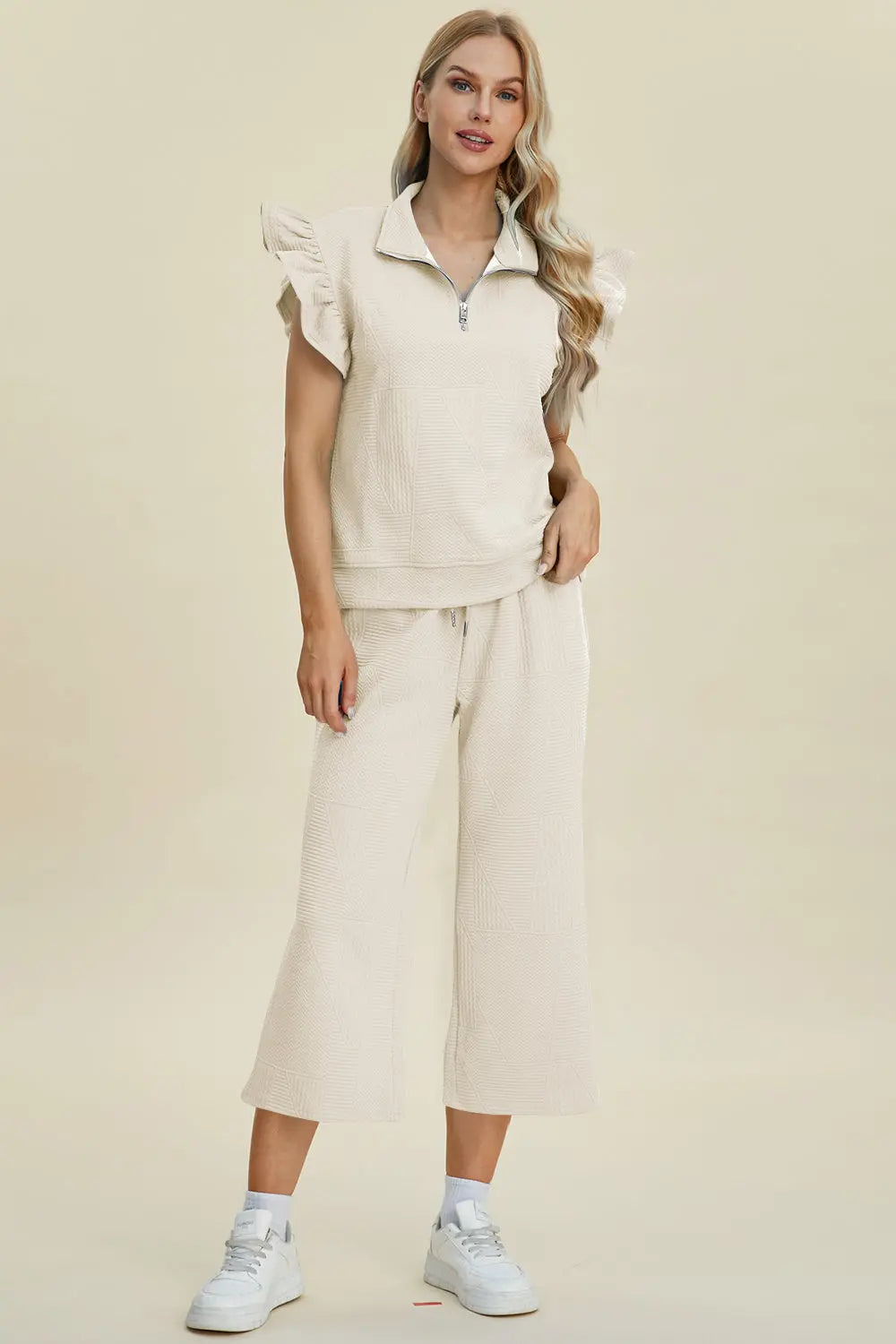 Double Take Full Size Texture Ruffle Short Sleeve Top and Wide Leg Pants Set Trendsi