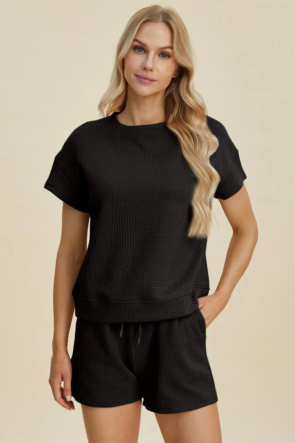 Double Take Full Size Texture Short Sleeve Top and Shorts Set Trendsi