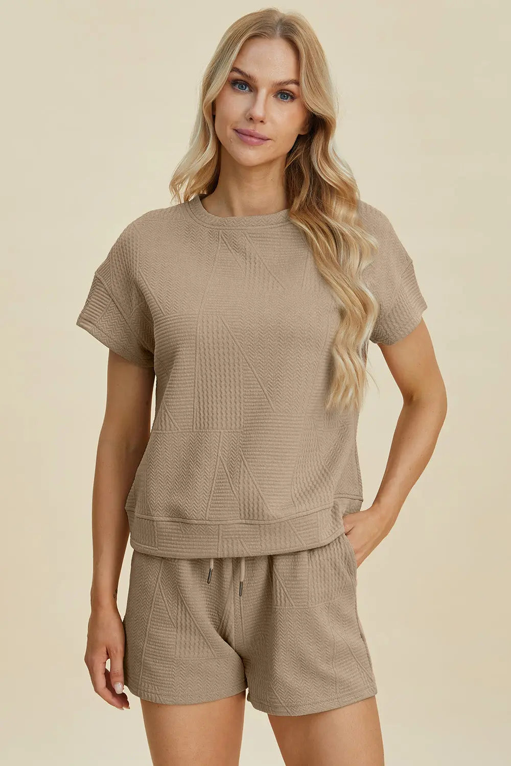 Double Take Full Size Texture Short Sleeve Top and Shorts Set Trendsi