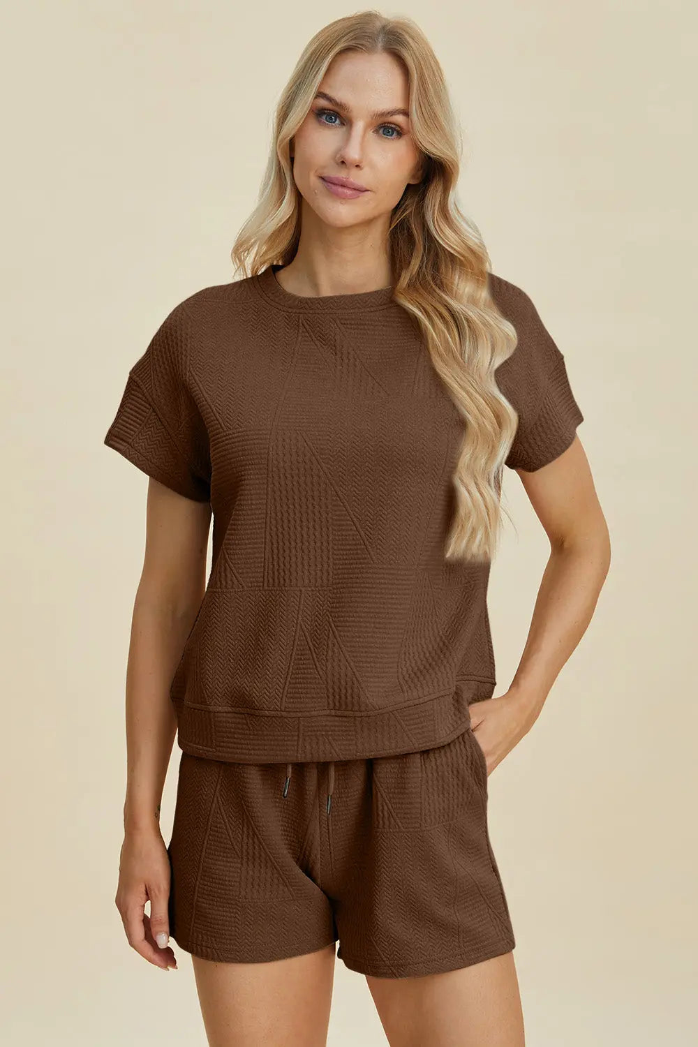 Double Take Full Size Texture Short Sleeve Top and Shorts Set Trendsi