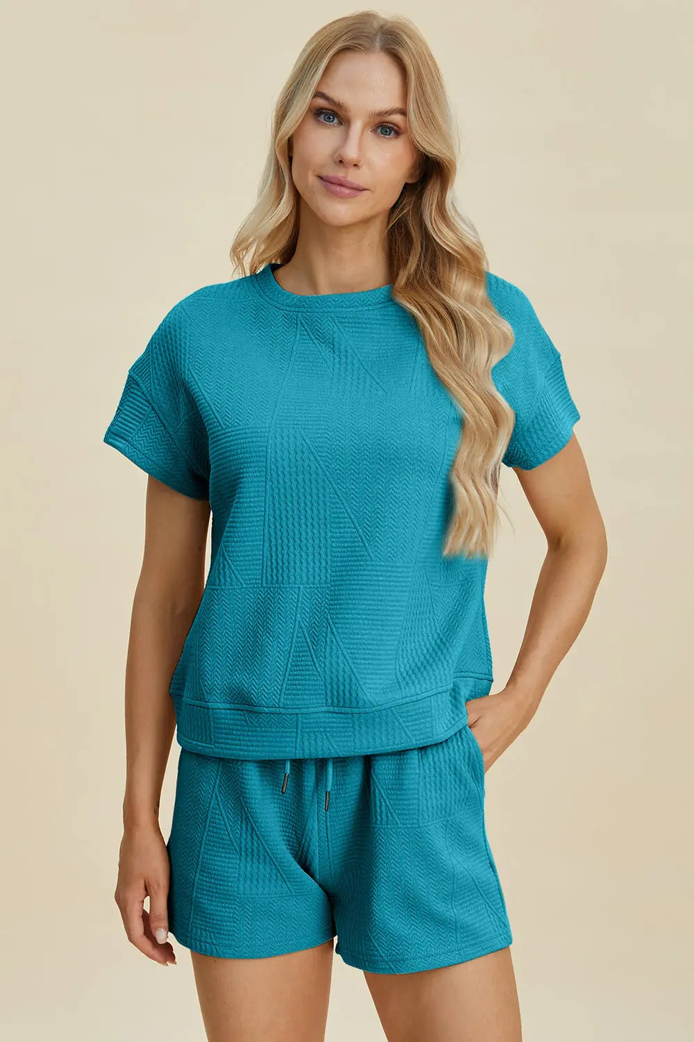 Double Take Full Size Texture Short Sleeve Top and Shorts Set Trendsi