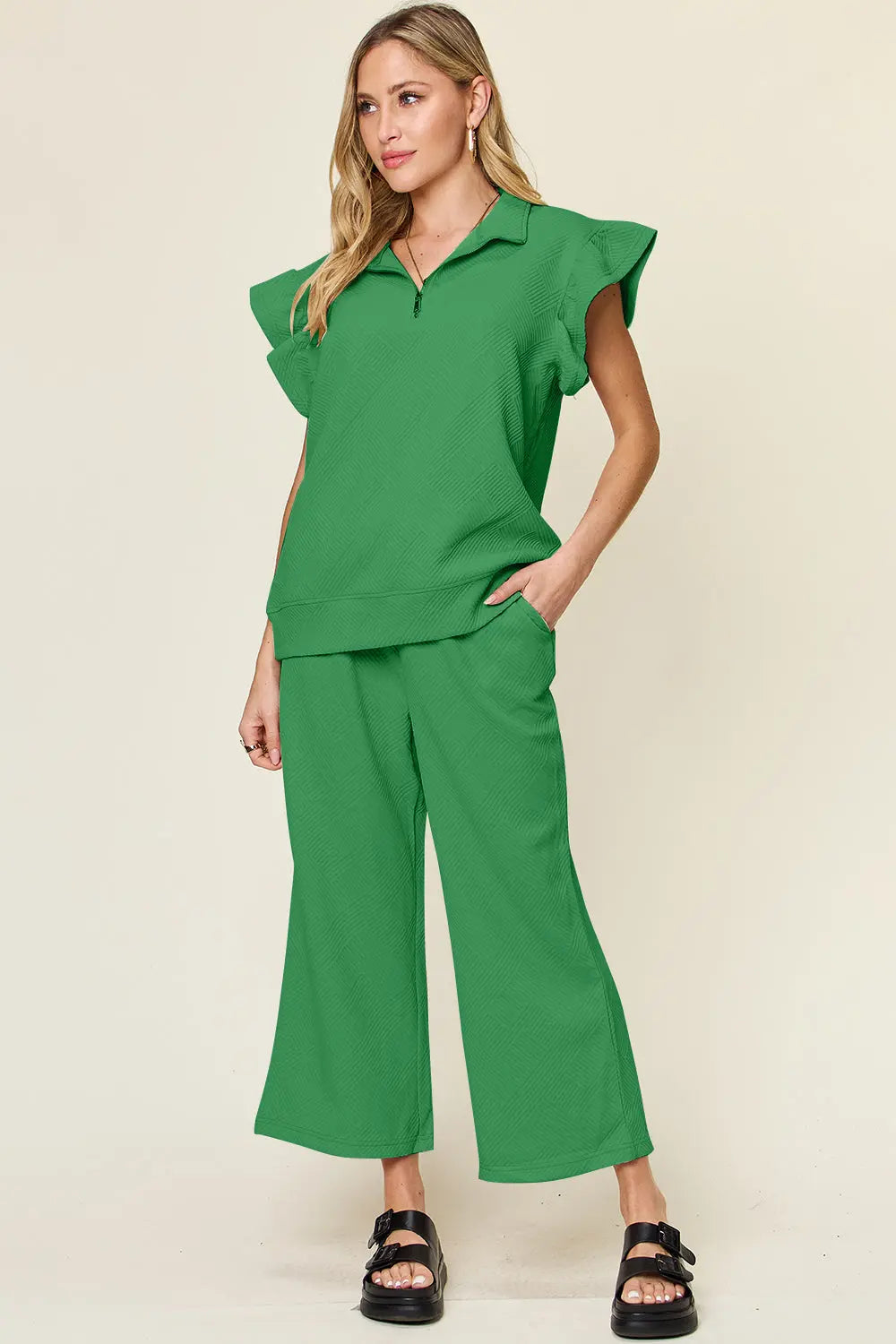 Double Take Texture Ruffle Short Sleeve Top and Drawstring Wide Leg Pants Set Trendsi