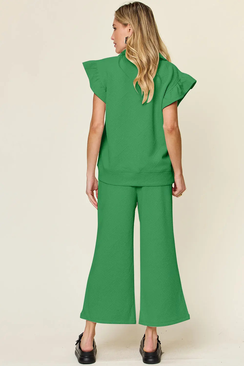 Double Take Texture Ruffle Short Sleeve Top and Drawstring Wide Leg Pants Set Trendsi