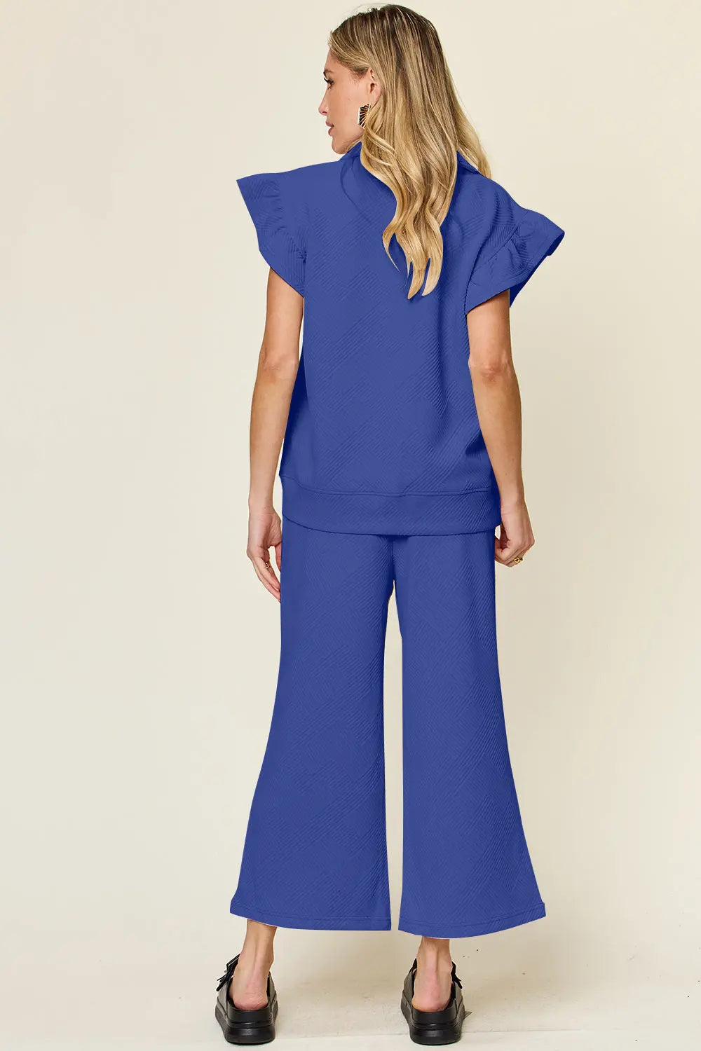 Double Take Texture Ruffle Short Sleeve Top and Drawstring Wide Leg Pants Set Trendsi