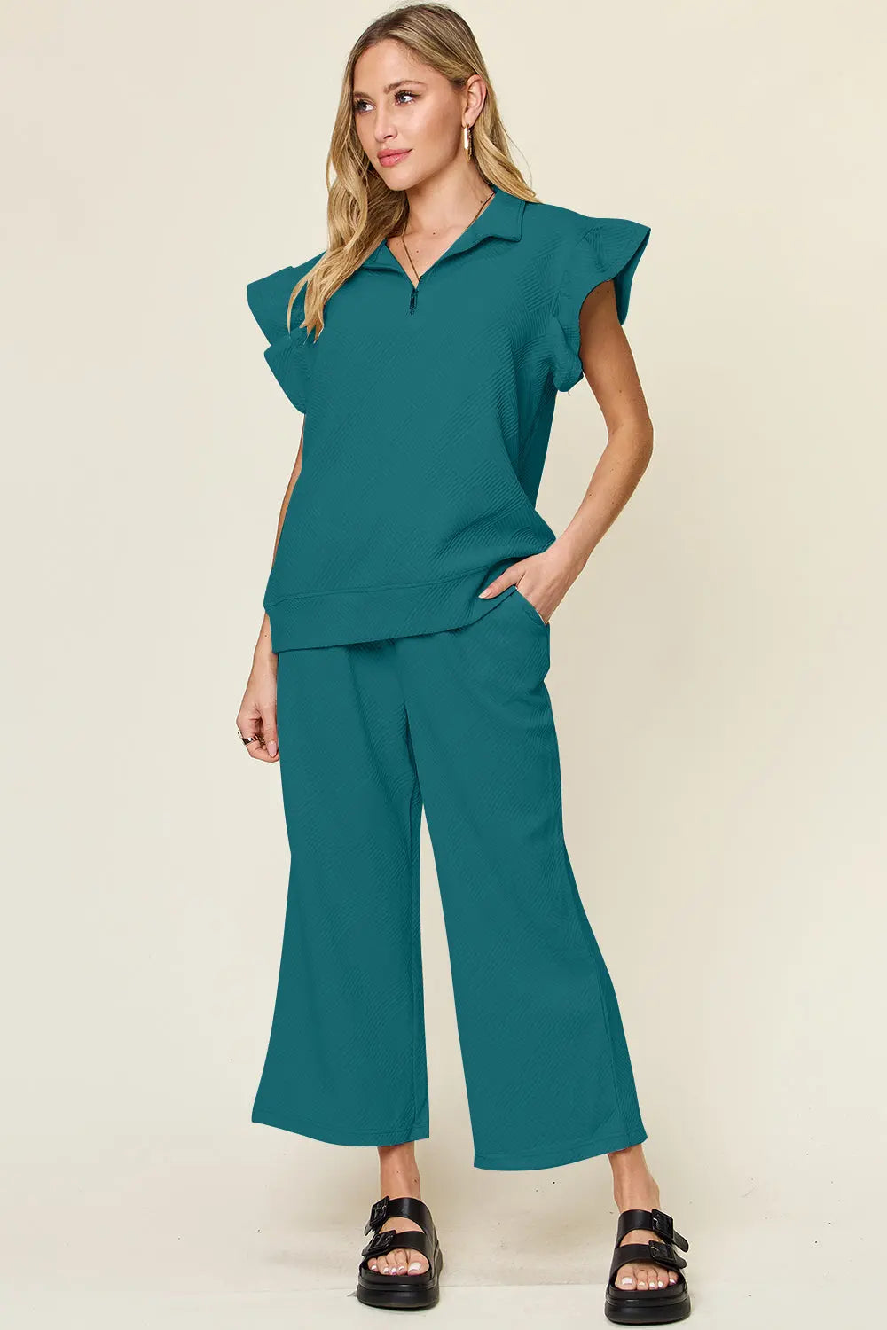 Double Take Texture Ruffle Short Sleeve Top and Drawstring Wide Leg Pants Set Trendsi